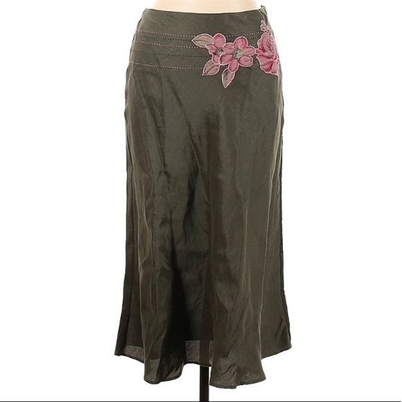 Vintage Dresses & Skirts - Vintage Y2K Coast Casual midi Skirt green floral appliqué silk size 12 women’s